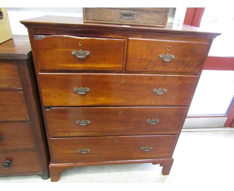 A Georgian polished walnut chest of two over three drawers on bracket feet, new handles, split. 101w x 49d x 120h cm   