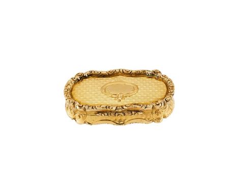 NATHANIEL MILLS, A VICTORIAN 18 CARAT GOLD SHAPED OBLONG VINAIGRETTEBIRMINGHAM 1855The engine turned cover with a chased foli