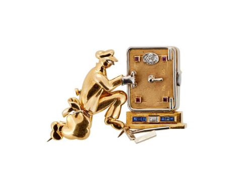 A 1940S NOVELTY SAFECRACKER WATCH BROOCHThe polished gold coloured thief with bulbous swag bag, white precious metal accents,