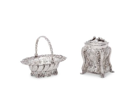 A CASED GEORGE II SILVER RECTANGULAR BALUSTER TEA CADDY AND A SWING HANDLED BASKETTHE TEA CADDY BY J. COLLINS, THE BASKET BY 