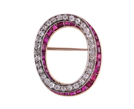 A RUBY AND DIAMOND OVAL HOOP BROOCHThe old cut diamond hoop with calibré cut ruby partial borders, approximately 0.96 carats 