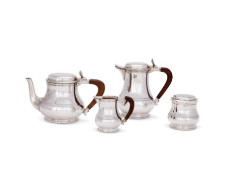 A FRENCH SILVER COLOURED FOUR PIECE BALUSTER TEA AND COFFEE SETPIUFORCAT, 20TH CENTURYThe tea and coffee pots with shell thum