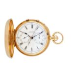 HARDY BROS., AN 18 CARAT GOLD KEYLESS WIND RATTRAPANTE FULL HUNTER POCKET WATCH