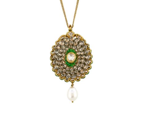 AN INDIAN DIAMOND AND JAIPUR ENAMEL NIYAM PENDANTThe oval pendant with radiating polki and rose cut diamonds, the reverse wit