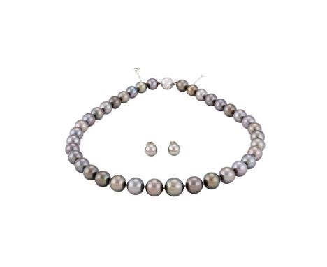 A TAHITIAN CULTURED PEARL NECKLACE AND A PAIR OF CULTURED PEARL EAR STUDS  The graduated cultured pearls on a knotted strand,