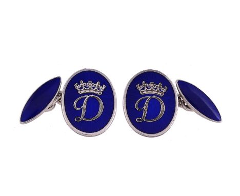 GERALD BENNEY, A PAIR OF ENAMELLED SILVER CUFFLINKS WITH THE ROYAL MONOGRAM OF DIANA, HER ROYAL HIGHNESS PRINCESS OF WALES LO