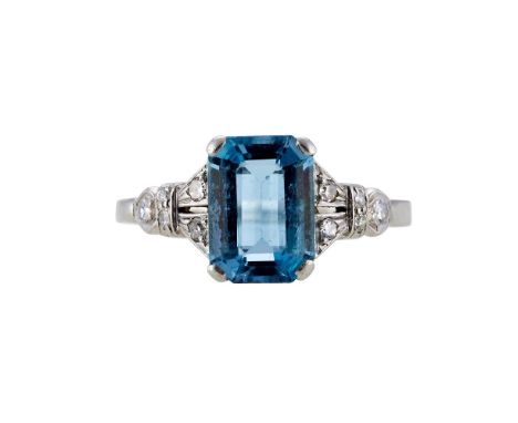 A 1940S AQUAMARINE AND DIAMOND RINGThe step cut aquamarine with canted corners estimated to weigh 1.71 carats, between pierce