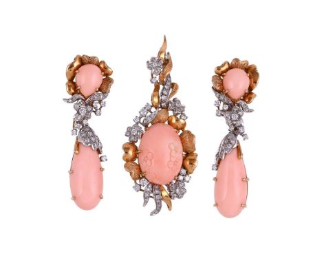 Y A CORAL AND DIAMOND EAR CLIP AND PENDANT SUITE The pear shaped cabochon coral drops with eight cut and brilliant cut diamon