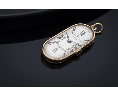 A GOLD PENDANT WATCHCIRCA 1912The silvered oval dial signed Cartier Paris with Bté S.G.D.G. with Roman numerals, blued steel 