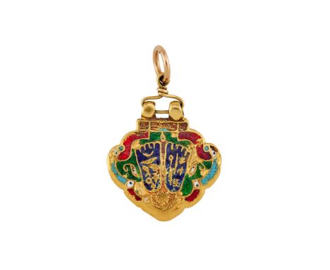 A LATE 19TH CENTURY SRIPADA INDIAN ENAMELLED PENDANT, NATHDWARA, RAJASTANThe lobed arrow shaped panel with polychrome enamel 