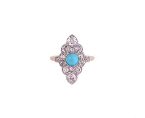 AN EARLY 20TH CENTURY DIAMOND AND TURQUOISE MARQUISE PANEL RING CIRCA 1920The shaped marquise panel set with graduated old mi