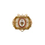 A 19TH CENTURY ENAMEL AND HAIRWORK PANEL BROOCH