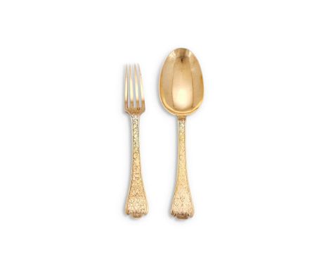 A GERMAN SILVER GILT TREFID PATTERN FORK AND SPOONPOSSIBLY JOHAN MARTIN SCHMIDT, AUGSBURG, CIRCA 1705Engraved with foliate de