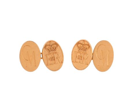 LONGMIRE, A PAIR OF 9 CARAT GOLD CUFFLINKS WITH THE CYPHER QUEEN ELIZABETH IIThe oval panels with the Royal cypher for Queen 