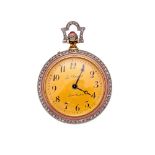 J. CHAUMET, A FRENCH GOLD, DIAMOND AND PINK ENAMEL OPEN FACE FOB WATCH