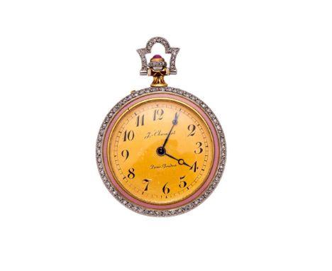 J. CHAUMET, A FRENCH GOLD, DIAMOND AND PINK ENAMEL OPEN FACE FOB WATCH, NO. 52867 EARLY 20TH CENTURYThe circular champagne di