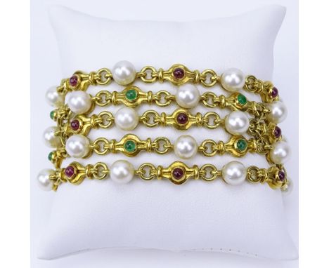 Vintage Italian Bulgari style Heavy 18 Karat Yellow Gold, Pearl, Cabochon Emerald and Ruby Bracelet. Stamped Italy 750. Pearl