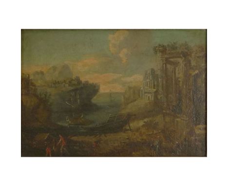 Old Master Oil on Canvas. Continental School Depicting Architecture, Boats and Figures. Very Old Gilt Carved Frame. Unsigned.