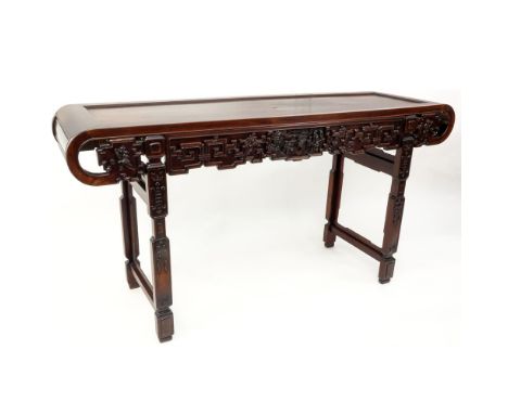 Antique Chinese Hand Carved Rosewood Altar Console Table. Minor rubbing to top, good condition. Measures 32" H x 61" H x 17-1