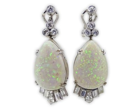 Vintage 1950's Large White Opal, approx. 2.0 Carat Round Brilliant and Emerald Cut Diamond and Platinum Pendant Earrings. Opa