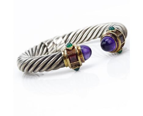 David Yurman Sterling Silver and 14 Karat Yellow Gold Hinged Bangle Bracelet with Cabochon Amethysts, Emeralds and Square Cut