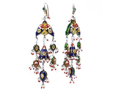 Large Pair of 18 Karat Yellow Gold, Multi Color Enamel, Rose Cut Diamond and Seed Pearl Reversible Chandelier Earrings. Unsig