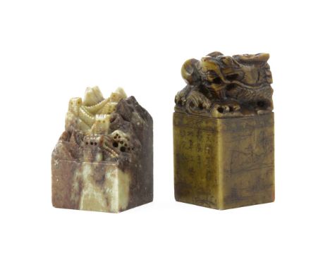 Chinese Carved Soapstone Seal/Chop with Dragon Finial and Calligraphy together with a Chinese Carved Soapstone "Wall of China