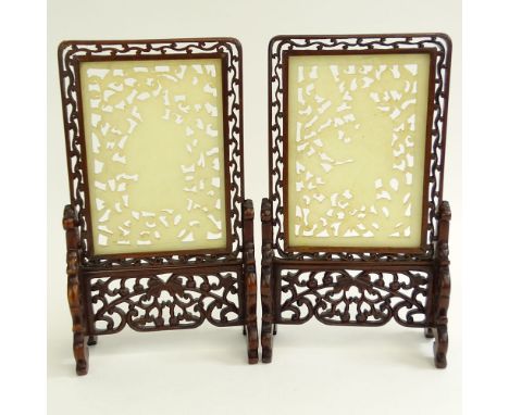 Pair of Vintage Chinese Carved Reticulated White Jade Table Screens in Hardwood Frames. Unsigned. Small crack on corners of f