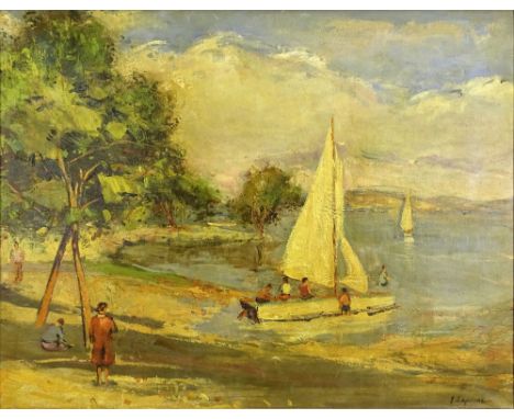 Georgi Alexandrovich Lapchine, Russian (1885-1950) oil on canvas, harbor scene with sailboats. Signed lower right. Good condi