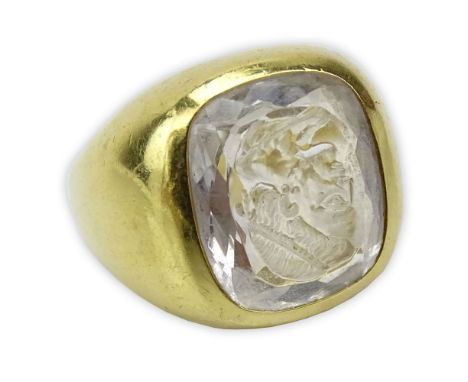 Man's Vintage Heavy 18 Karat Yellow Gold and Carved Rock Crystal Intaglio Ring. Signed 18KT. Minor surface wear from normal u