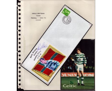 Football Celtic Harald Brattbakk signed 1997 transfer Rosenberg cover display. Set on descriptive A4 page with corner mounts,