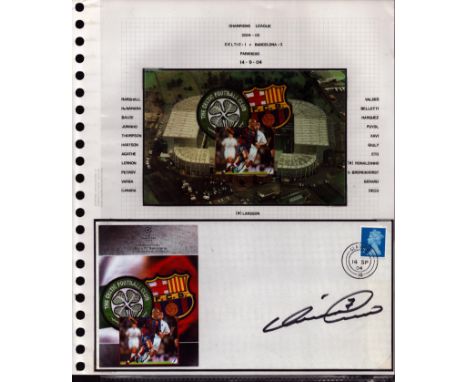 Football Celtic Henrik Larsson signed 2004 Barcelona Champions League match day cover display. Set on A4 descriptive with col