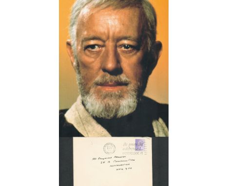 Star Wars Obi wan Alec Gunness hand written envelope 1982 along with unsigned 10 x 8 colour photo. Guinness's role as Obi-Wan