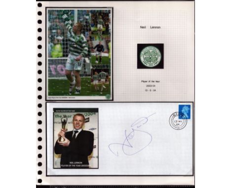 Football Celtic Neil Lennon signed 2004 Player of the Year cover display. Set on descriptive A4 page with corner mounts, so e