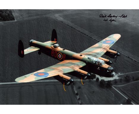 WW2 Richard Starkey 106 sqn bomber command signed stunning 12 x 8 inch colour Lancaster in flight photo. He was stationed at 