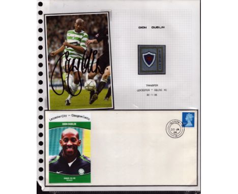 Football Celtic Dion Dublin signed 2006 transfer from Leicester cover and signed photo display. Set on descriptive A4 page wi