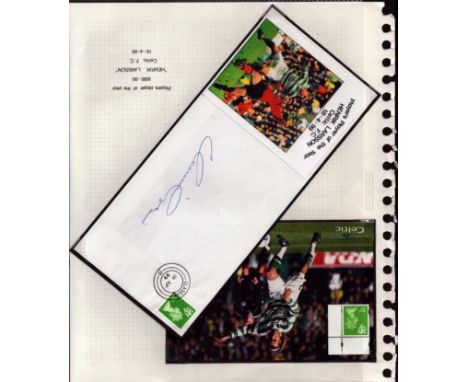 Football Celtic Henrik Larsson signed 1999 Players Player of the Year cover display. Set on A4 descriptive with colour action