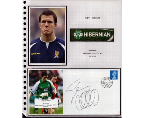 Football Celtic Gary Caldwell signed 2006 transfer from Hibernian cover display. Set on descriptive A4 page with corner mount