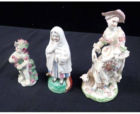 THREE 18TH AND 19TH CENTURY CENTURY PORCELAIN FIGURES comprising Bacchanalian putto, 10cm high, shepherdess, 18cm high and 'L