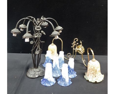 A 'CHRISTOPHER WRAY' STYLE TABLE LAMP with associated blue and white shades (fitting needs longer screws to fit shades) and a