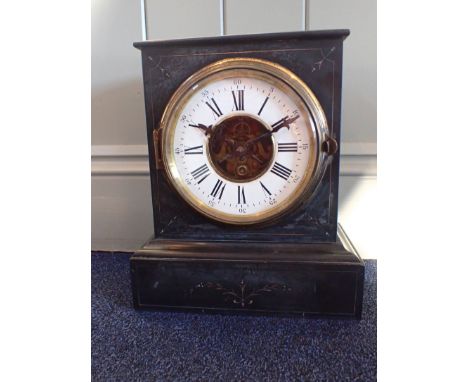 A SLATE-CASED MANTEL CLOCK single-train French movement , with ball pendulum, broad enamel dial ring and visible escapement 2