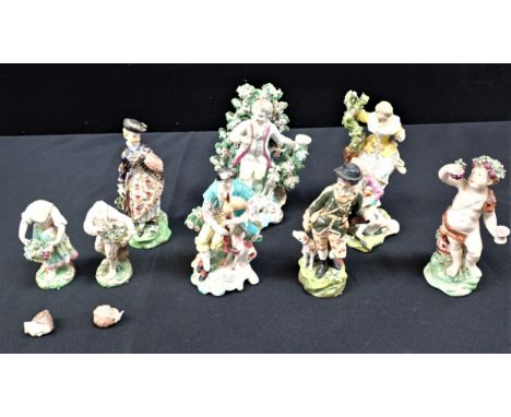A PAIR OF LATE 18TH CENTURY DERBY PORCELAIN FIGURES - A HUNTING COUPLE 14cm high and six other Derby porcelain figures (with 
