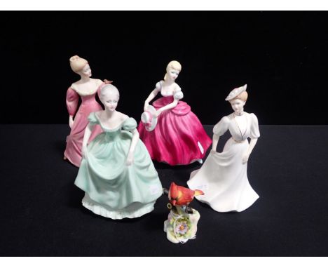 FOUR COALPORT 'LADIES OF FASHION' FIGURINES including 'Lorraine', and a Royal Adderley 'Cardinal' bird (5)