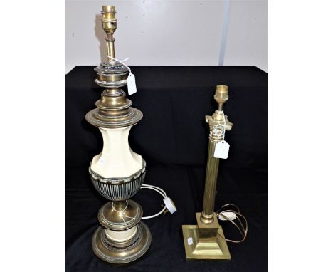A BRASS AND CERAMIC TABLE LAMP 645cm high, with a Corinthian style brass lamp