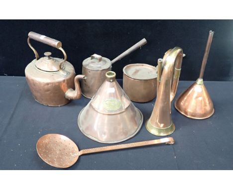 A COLLECTION OF COPPERWARE including saucepans with lids, a kettle, a bugle, a skillet and a Swiftsure washer