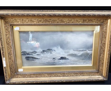 HENRY E. TOZER: SEASCAPE, WITH ROCKY SHORE 1887, oil on canvas 21 x 41cm plus gilt frame (damage to frame, loose gesso pieces