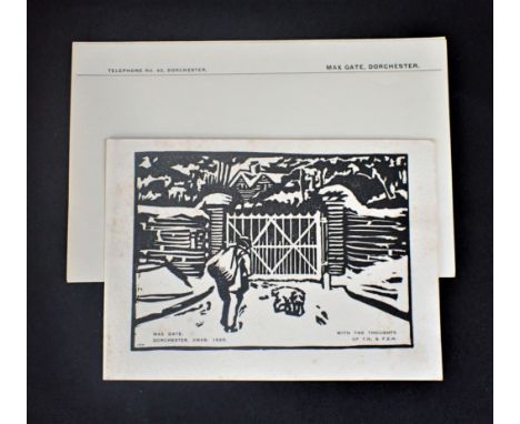 THOMAS HARDY: A CHRISTMAS CARD FRONT, FOR 1926 'WITH THE THOUGHTS OF T.H. and F.E.H.', and two sheets of Max Gate headed note
