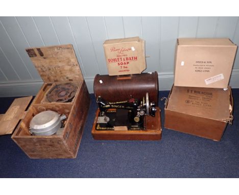 A SINGER SEWING MACHINE, A CAMPING GAS STOVE and vintage packing boxes