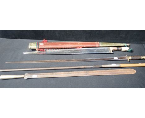 FOUR EDGED WEAPONS including two swords, a throwing spear and the head of a pike