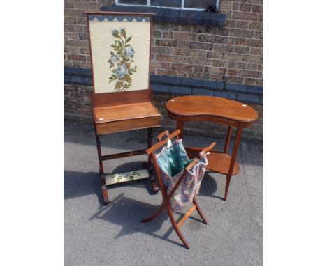 AN EDWARDIAN MAHOGANY KIDNEY-SHAPED OCCASIONAL TABLE a mahogany firescreen/worktable, and an Edwardian mahogany folding-frame